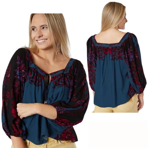 Free People Wild Memories Peasant Blouse in Dark Turquoise Size Medium - Picture 1 of 7